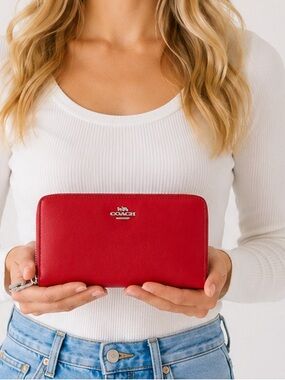 Coach Vibrant Red Zip Around Leather Wallet with Silver Tone Logo